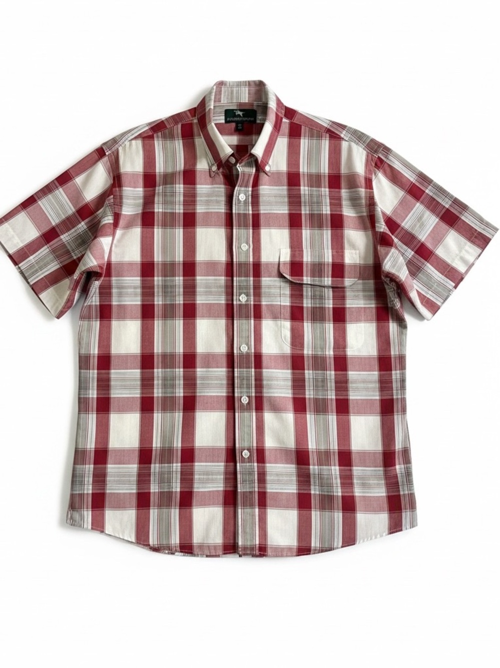 VINTAGE STEEPLECHASE SHORT SLEEVE  BUTTON DOWN PLAID SHIRT RED WHT GRA  SIZE M